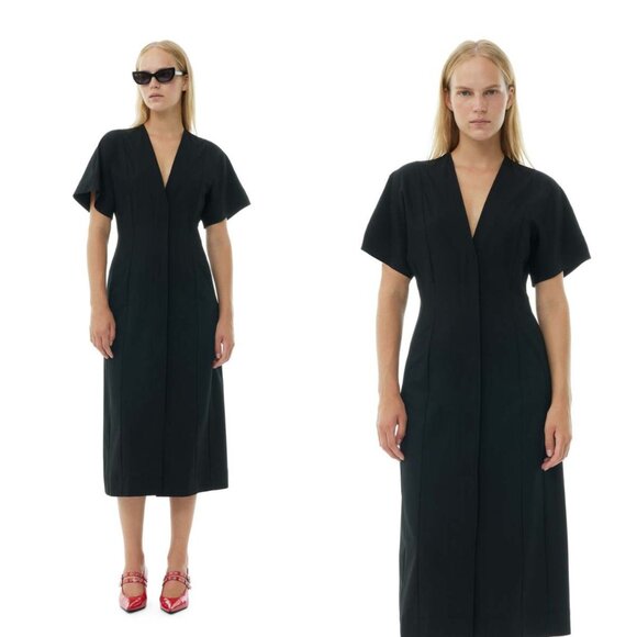 GANNI NEW Drapey Melange Midi Dress Black Size 32 US 0 XXS V-Neck Button Midi - Picture 1 of 11
